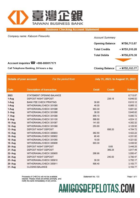 Em branco Extrato bancário de negócios de Taiwan modelo Word e PDF
